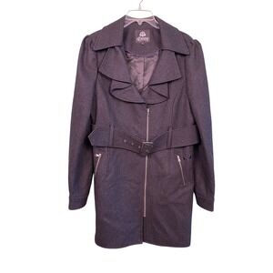 Dereon Womens XL Gray Wool Blend Belted‎ Trench Coat Ruffle Front Zip Up Jacket